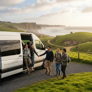 A friendly guide from Auckland & Beyond Tours leading a small group of visitors through a scenic Auckland location.