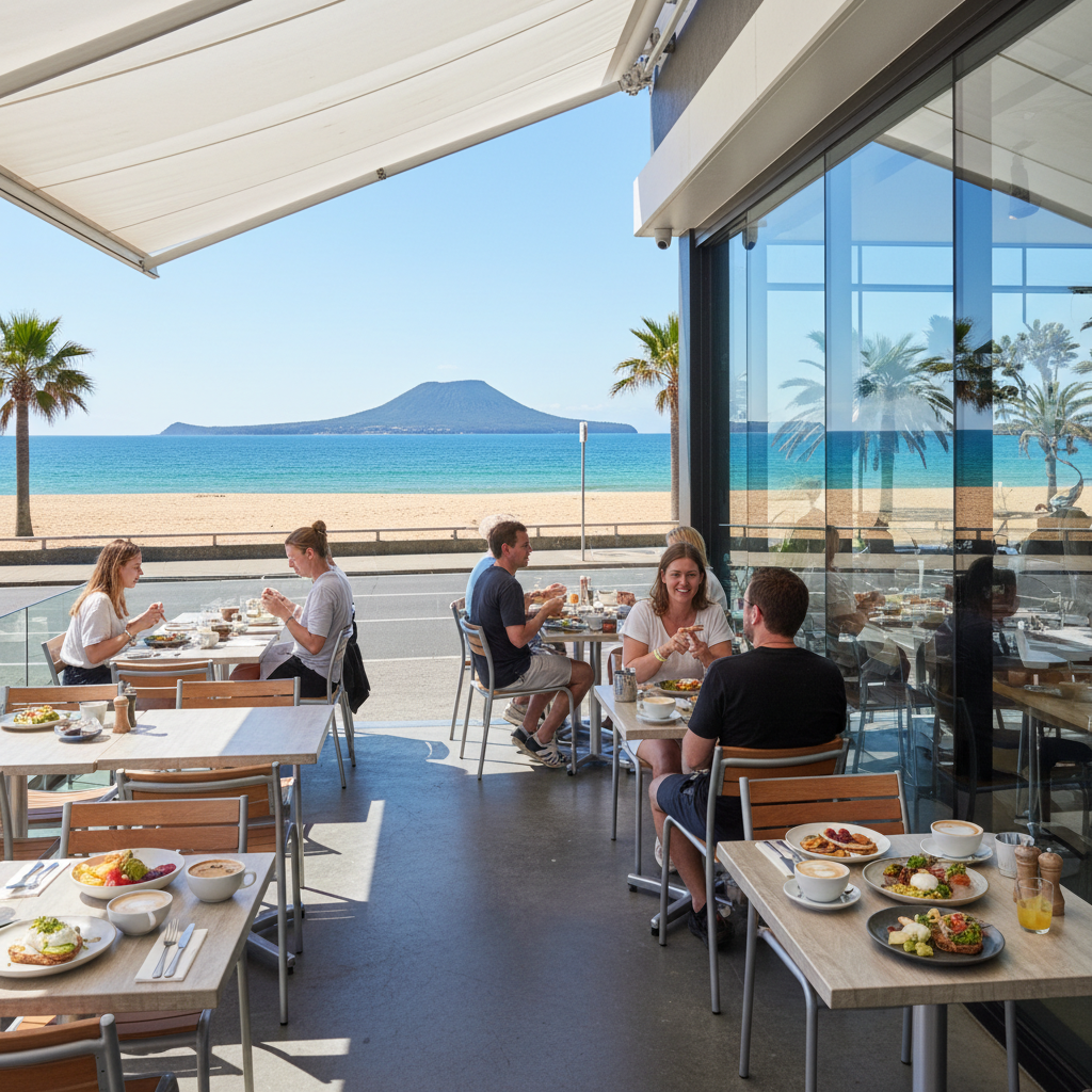 The sunny outdoor terrace at Mission Bay Cafe, with diners enjoying brunch at wooden tables overlooking the sparkling blue water of Mission Bay beach in Auckland.