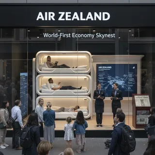 Economy class passengers sleeping in futuristic bunk beds on a long-haul Air New Zealand flight.