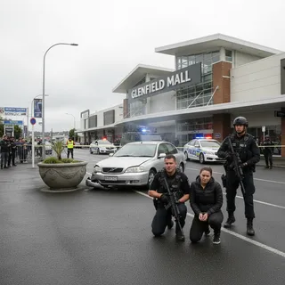 Police cars at Glenfield Mall after firearm incident with two people arrested.