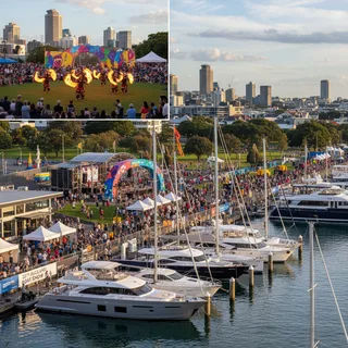 Auckland skyline with fireworks over the harbour during the Arts Festival