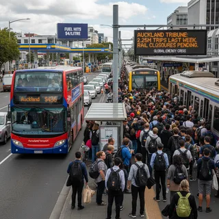 Auckland commuters crowding a train station platform and bus interior during a fuel crisis, with a packed train visible.