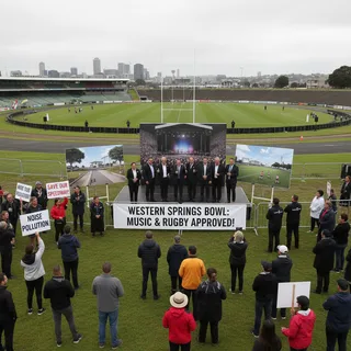 Western Springs Stadium with rugby field and stage setup, representing music and sports venue approval.