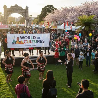 World of Cultures festival banner with the event logo and colourful cultural symbols, Aotearoa New Zealand.