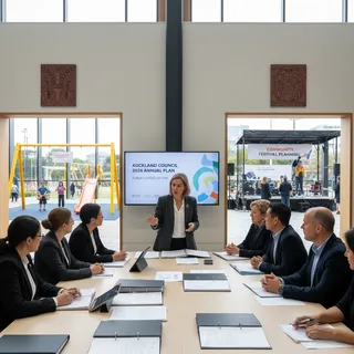 Auckland Council building exterior with council members visible inside during a meeting.