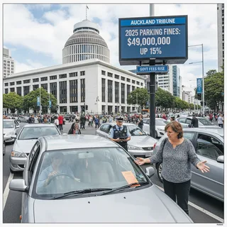 Auckland street with parked cars and a parking ticket visible on a windshield, sunny day