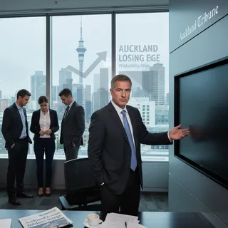 Modern Auckland office with city skyline view, symbolizing economic challenges and productivity crisis.
