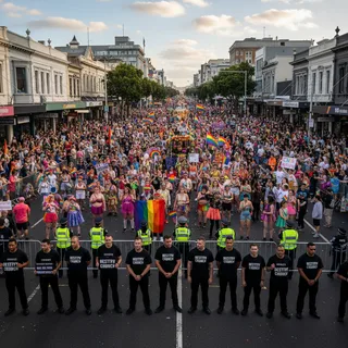 Auckland Rainbow Parade with diverse crowd marching and rainbow flags, with a small group of protesters visible in the background.