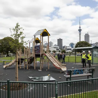 Vandals spray-painted graffiti on a children's playground slide in an Auckland park.
