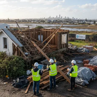 Researchers examining a damaged home, identifying salvageable timber and building materials from the ruins