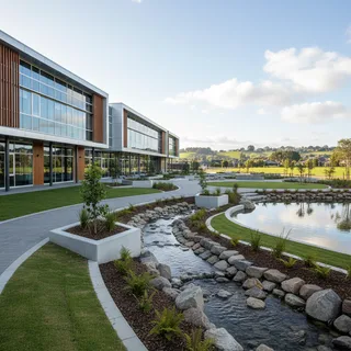 Modern building exterior with landscaped grounds, architectural photography style.
