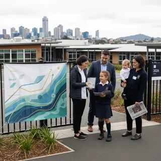 Auckland cityscape with various schools highlighted, representing school zones and the equity index.