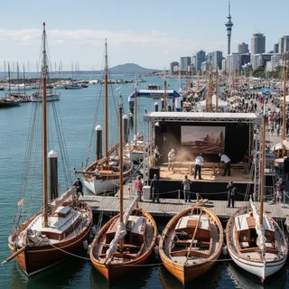 Auckland's waterfront showcasing a diverse fleet of wooden boats during the annual festival.