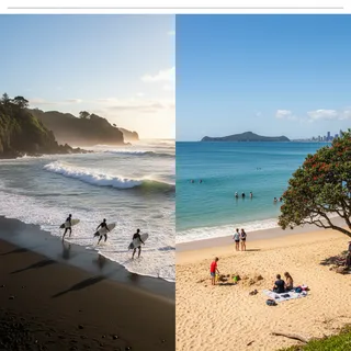 Sun-drenched waves crash on a sandy beach, with a few people enjoying the water and the coastline scenery.