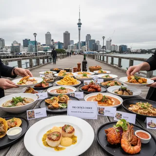A photorealistic depiction of Auckland's diverse culinary scene, featuring a variety of restaurant settings and cuisines.
