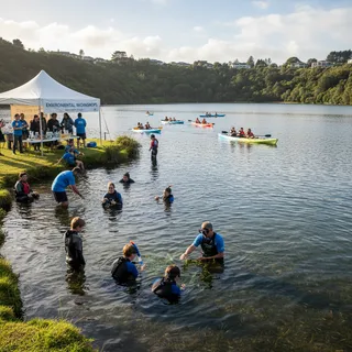 Participants explore Lake Pupuke's ecosystem during the Discover Pupukemoana event, engaging in guided snorkeling and kayaking activities.
