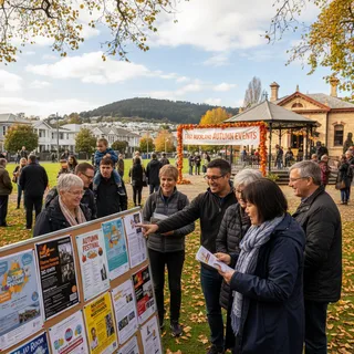 People gathering at an outdoor autumn festival in East Auckland with colorful decorations and stalls.