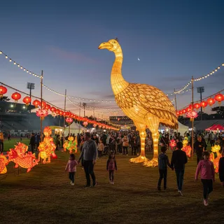 A giant, intricately crafted moa lantern standing tall at the opening of the Auckland Lantern Festival