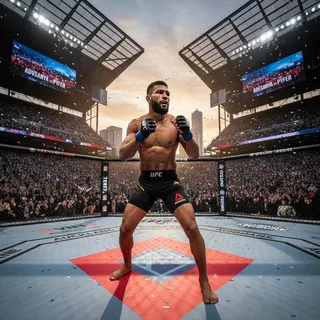 Middleweight fighter Israel Adesanya in dynamic action, posing in a realistic stadium setting.