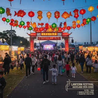Auckland Lantern Festival at Manukau Sports Bowl featuring colourful lanterns on display, crowds of people, and food stalls during the evening.