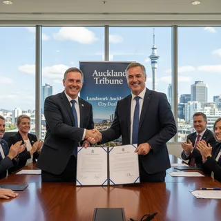Prime Minister Luxon and Mayor Brown shaking hands after signing the Auckland City Deal agreement.