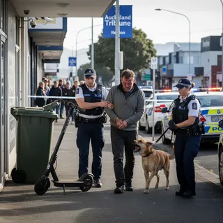 Police officers and a dog unit outside a Mt Wellington building after a scooter theft arrest.
