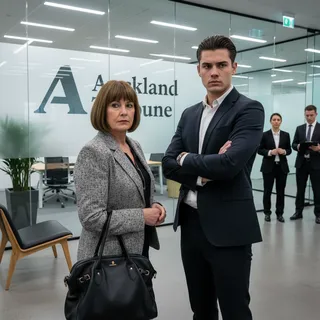 Modern office setting with a mother and son standing formally, suggesting a business investigation.