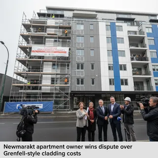 Newmarket apartment building exterior with focus on balconies and cladding, realistic urban setting with blue sky.
