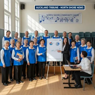 Several seniors in a choir stand together, smiling, with some holding sheet music.