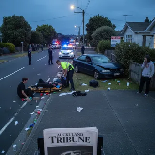 Group of concerned bystanders and emergency services at a chaotic outdoor party scene in Auckland.
