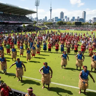 Tokelauan people in athletic gear celebrating at a sports field during a festival in Auckland.