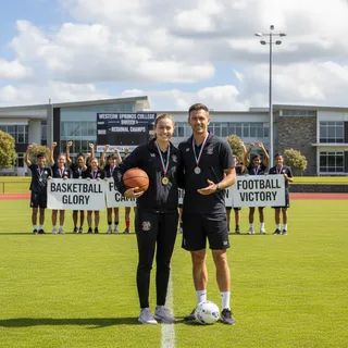 Students and staff at Western Springs College celebrating recent sports achievements, including medal wins.