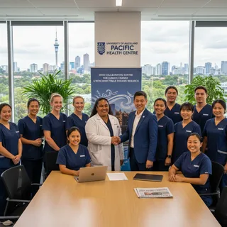 University of Auckland Pacific health centre interior with researchers examining medical data in a modern clinical setting.