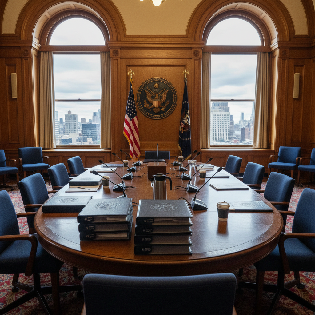 Auckland city skyline with government buildings and diverse community members gathered, discussing growth and action