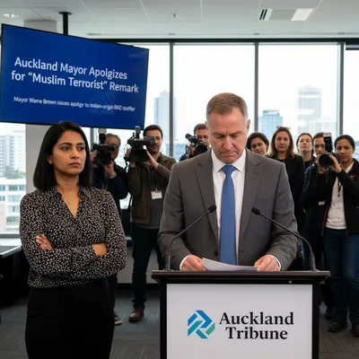 Auckland Mayor Wayne Brown in a realistic news setting, offering a formal apology.