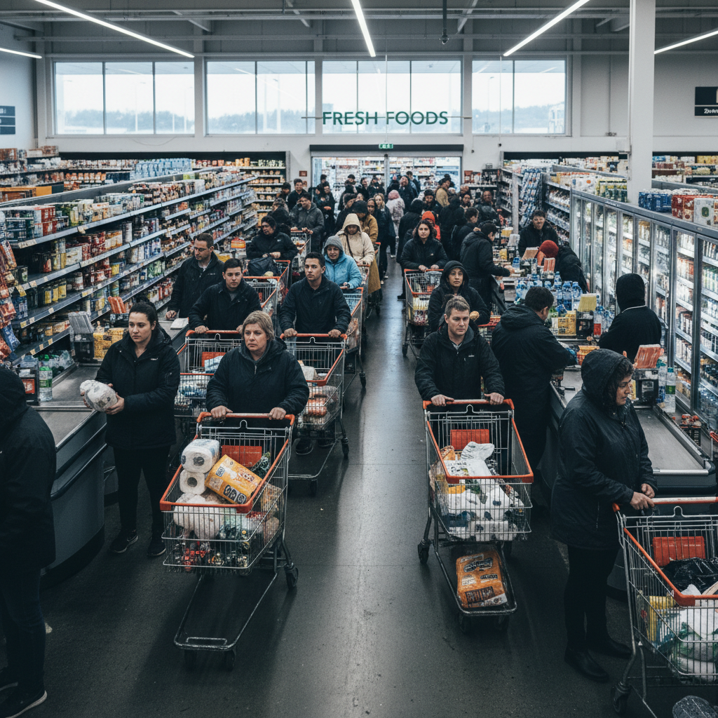 Shoppers fill supermarket aisles and queues form as Cyclone Vaianu approaches Auckland.
