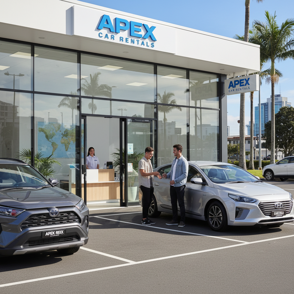 The storefront of the Apex Car Rentals office in Auckland, with clear branding and rental cars parked outside under a bright sky.