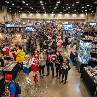 A vibrant and crowded hall at Armageddon Expo Auckland, with attendees in cosplay, colourful exhibitor stalls, and bright displays.
