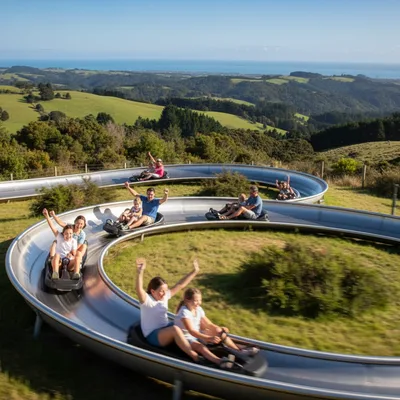 Families enjoying the downhill luge ride on a sunny day at Auckland Adventure Park in Silverdale, Auckland.