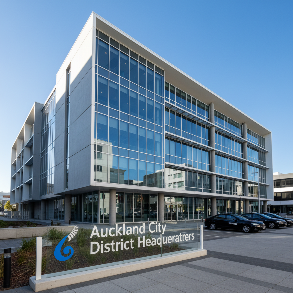The exterior of the modern Auckland City Police District Headquarters building in Freemans Bay, under a clear blue sky.