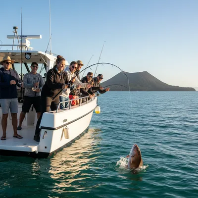 A group of friends enjoying a successful day out on a fishing charter in the beautiful Waitematā Harbour, Auckland.