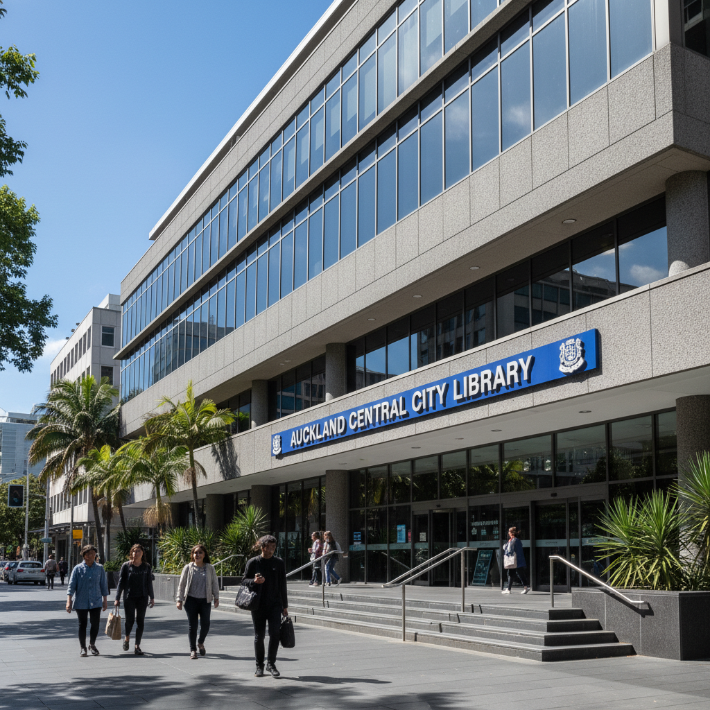 The modern exterior of the multi-storey Auckland Central City Library on a sunny day in Auckland, with pedestrians near the entrance on Lorne Street.