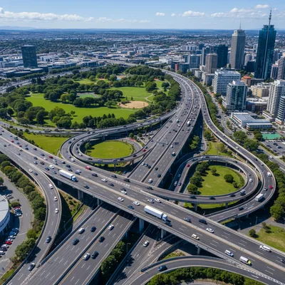Aerial view of the multi-lane Auckland Southern Motorway at the Central Motorway Junction, also known as Spaghetti Junction, with traffic flowing smoothly.
