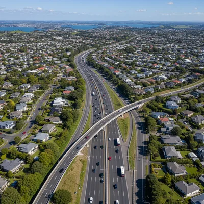 Aerial view of the multi-lane Auckland Southern Motorway, showing heavy traffic moving through the Ellerslie interchange during the day.