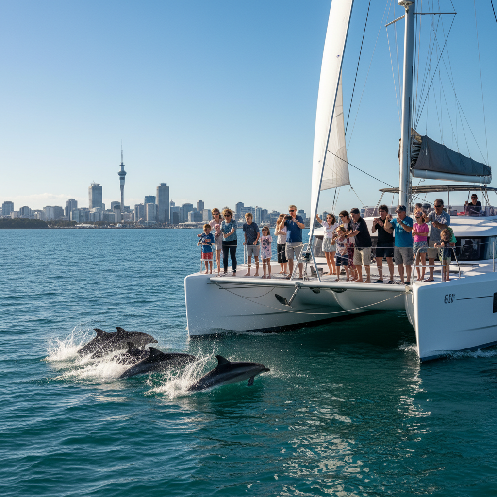 Passengers aboard the Auckland Whale & Dolphin Safari catamaran watch a pod of dolphins playing in the Hauraki Gulf near Auckland.