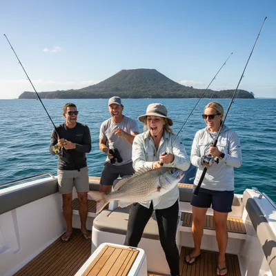 A group of people enjoying a sunny day of charter fishing in Auckland's Hauraki Gulf, with the iconic Rangitoto Island visible.