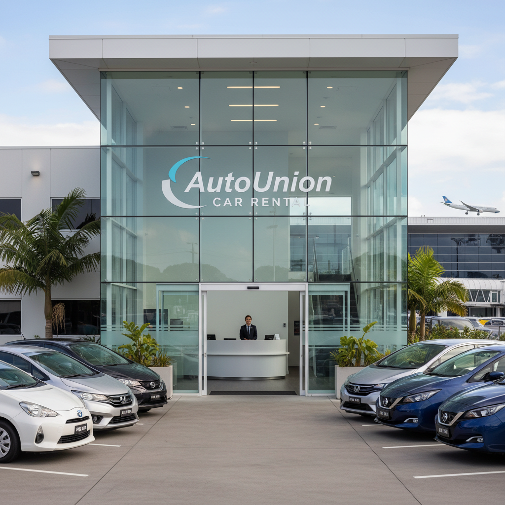 The storefront of AutoUnion Car Rental in Māngere, Auckland, with several clean rental cars parked in the customer bay on a sunny day.