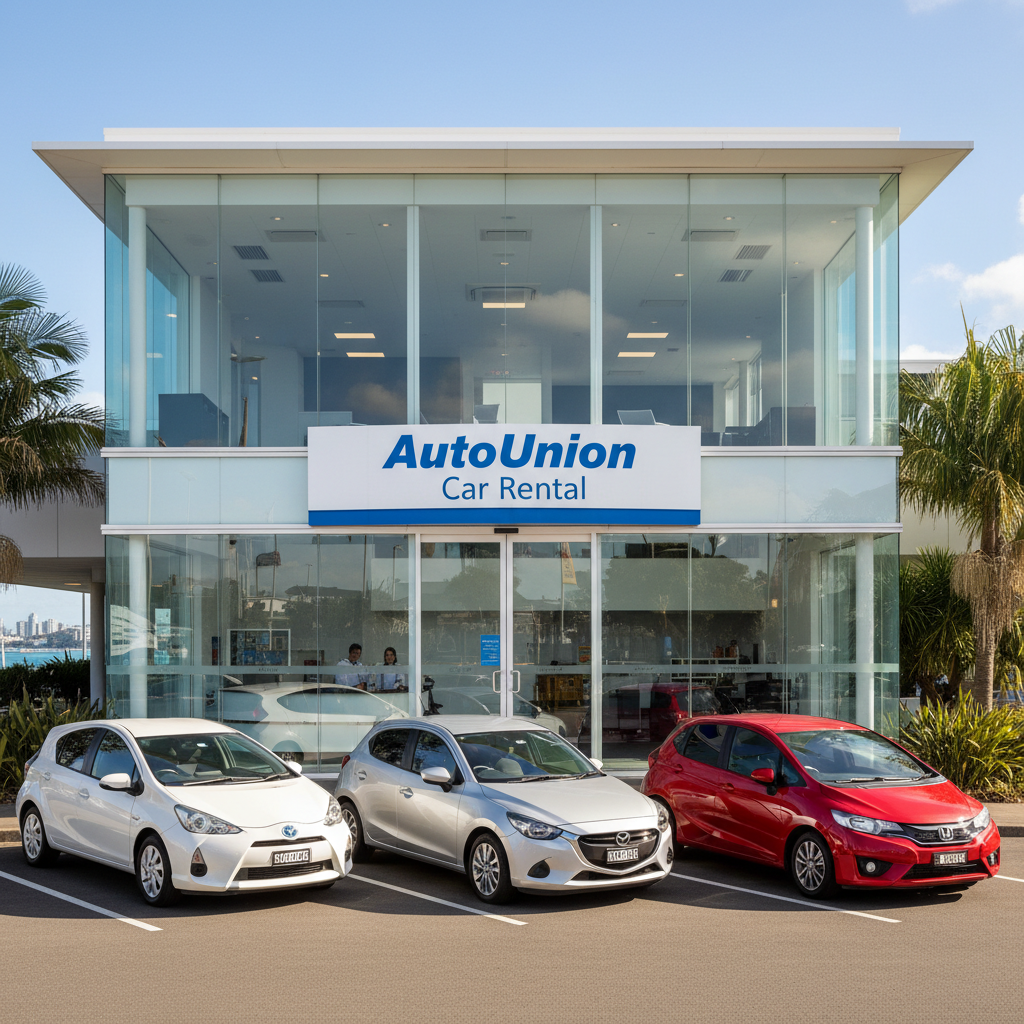 The entrance to the AutoUnion Car Rental depot in Māngere, Auckland, with clean rental cars parked outside under a clear blue sky.