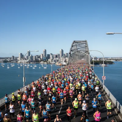 A large crowd of participants running across the Auckland Harbour Bridge during the Auckland Marathon, with the scenic Waitematā Harbour and Auckland city skyline providing a stunning backdrop.