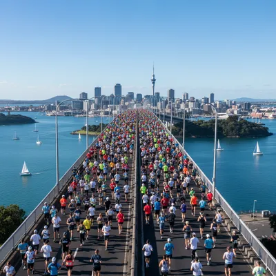 Runners competing in the Auckland Marathon as they cross the iconic Auckland Harbour Bridge, with the city skyline and harbour visible on a sunny day.